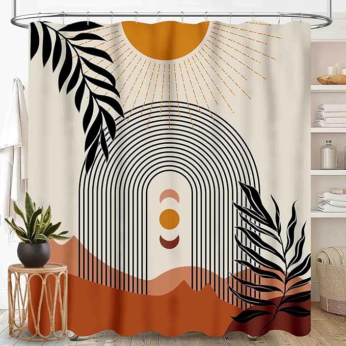 Mid Century Modern Shower Curtain, Boho Aesthetic Green Tropical Palm Leaves Moon Phase Abstract Minimalist Geometic Arch Waterproof Fabric Bathroom Shower Curtain Set with Hooks, 72"x84" Inch