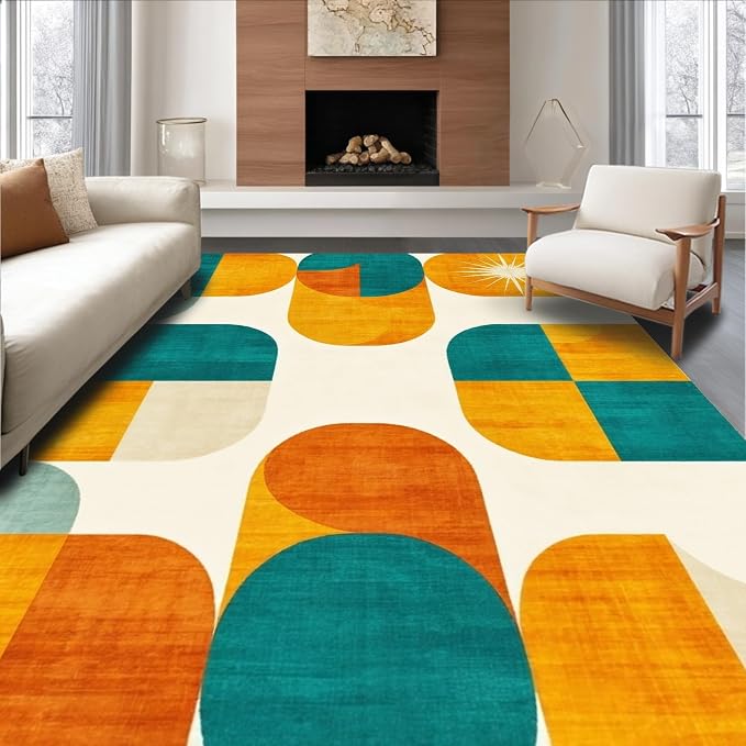Flatwoven High Traffic Area Rug 8x10, Mid Century Modern Geometric Shapes with Retro Atomic Motifs, Non Slip, Stain Resistant, Washable Area Rugs for Living Room, Bedroom (Yellow, 8x10)