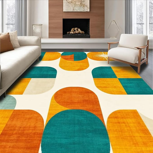 Flatwoven High Traffic Area Rug 8x10, Mid Century Modern Geometric Shapes with Retro Atomic Motifs, Non Slip, Stain Resistant, Washable Area Rugs for Living Room, Bedroom (Yellow, 8x10)
