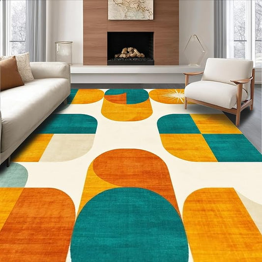 9'x12' Washable High Traffic Area Rug, Mid Modern Geometric Shapes with Retro Atomic Motifs, Flatwoven Area Rugs for Living Room, Bedroom (Yellow,9x12)
