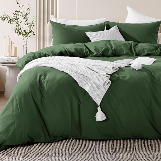 NEXHOME PRO Duvet Cover Set 100% Washed Cotton, Natural Linen Feel 3 Pieces Bedding Set with Zipper Closure & Corner Ties, Breathable Oversized King Forest Green (No Comforter)