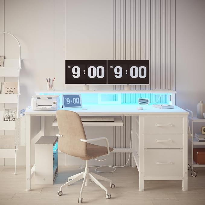 Lufeiya Gaming Desk with LED Lights and Power Outlets, 47 Inch Home Office Desks with Keyboard Tray, White Computer Desk with File Drawers Cabinet, Writing Table PC Desks with Monitor Stand, White