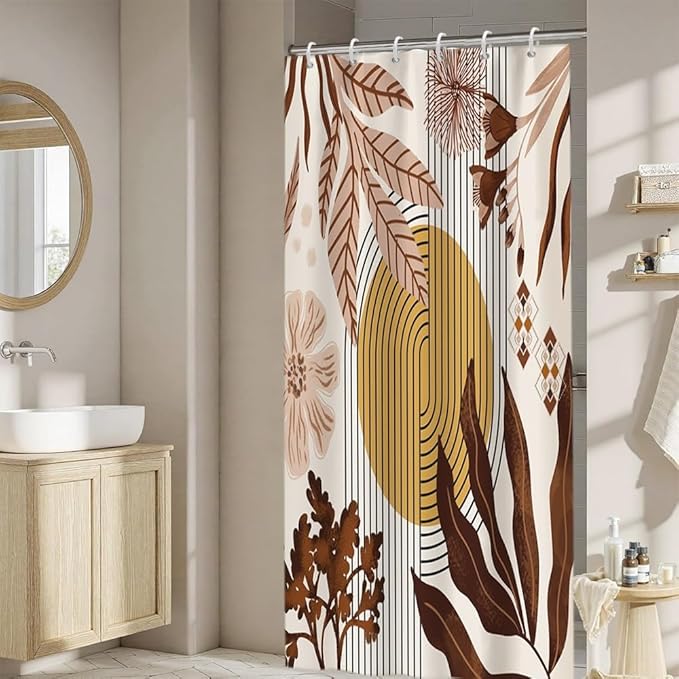 Mid Century Boho Shower Curtain for Bathroom Brown Leaves Orange Sun Arch Stripes Floral Shower Curtains Vintage Abstract Bathroom Set Decor Washable Waterproof Polyester Fabric with Hooks 36x72 Inch