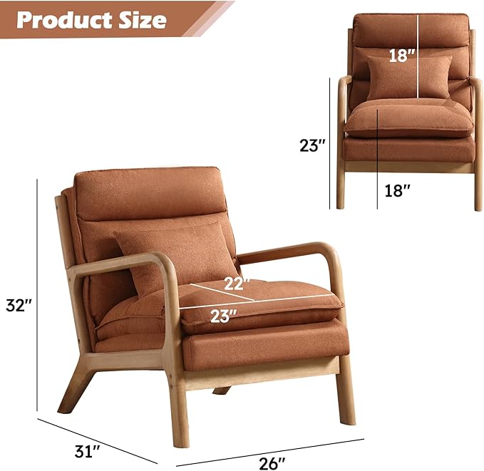 Mid Century Modern Accent Chair Set of 2, Upholstered Lounge Armchair with Plump Back Pillow, Comfy Reading Chair with Solid Wood Frame for Bedroom Living Room, Brown