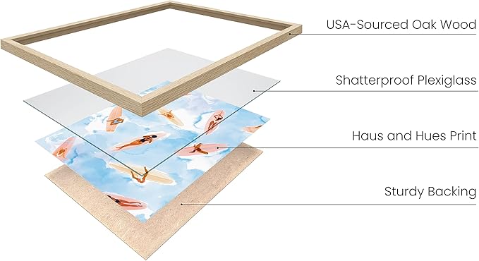 HAUS AND HUES Surfing Beach Wall Art - Watercolor Surfboard Picture, Coastal Tropical Decor (Beige Frame, 16x20)