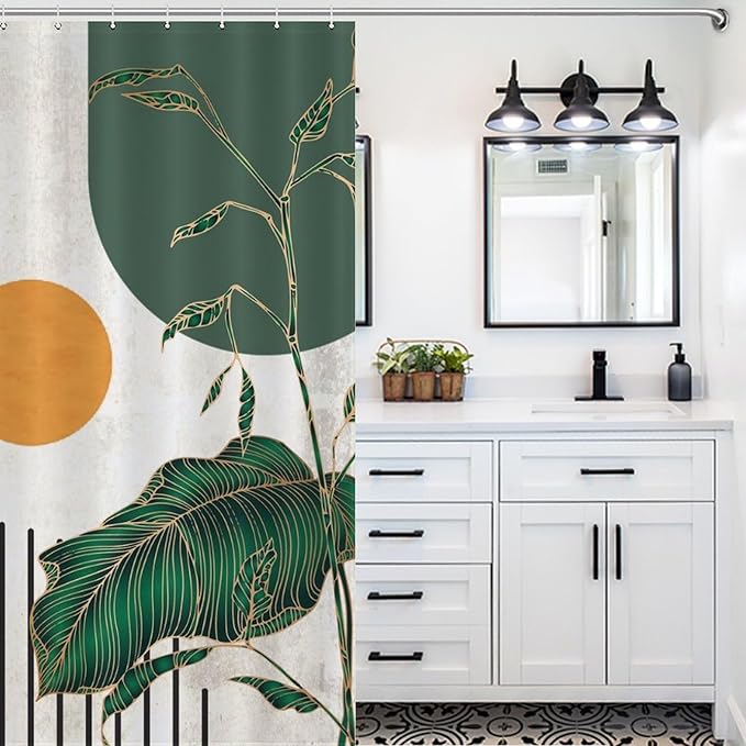 Boho Shower Curtains Abstract Modern Plant Botanical Minimalist Gold Leaf Arch Sun Pattern Duty Fabric Shower Curtain Set Bathroom Polyester Waterproof with 12 Hooks,72x72Inch（183x183cm）