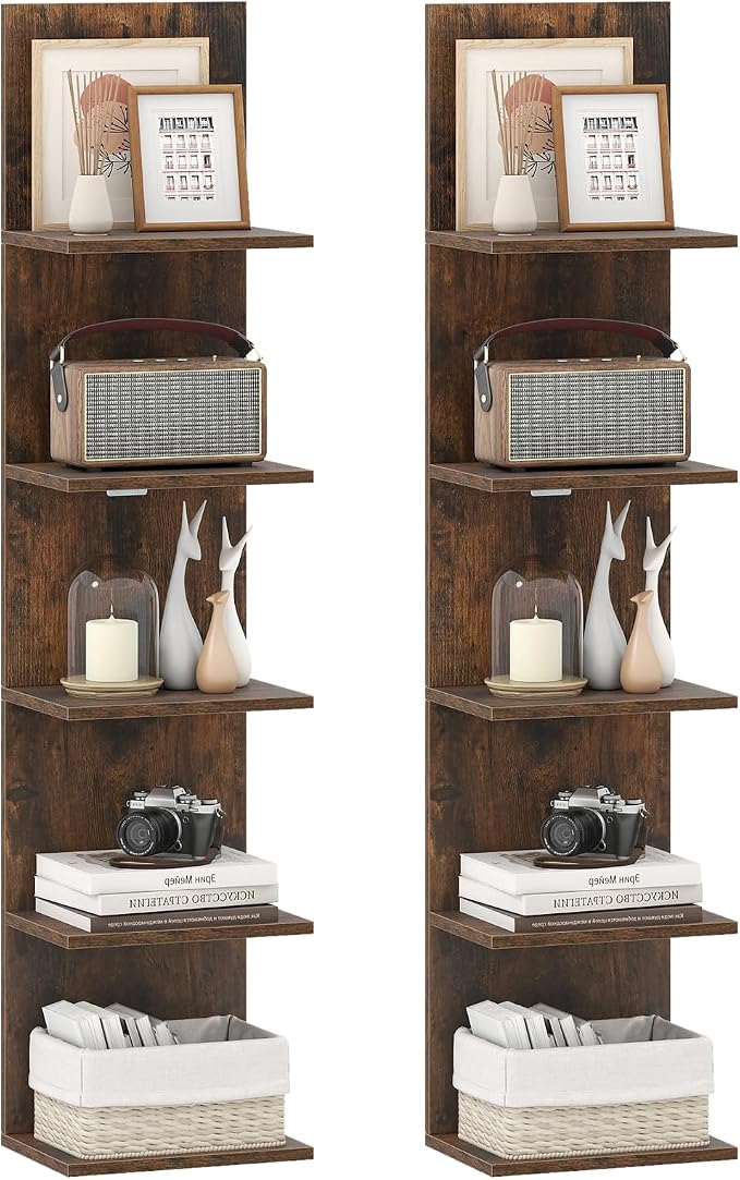 Giantex 5 Tier Wall Shelf Unit Set of 2, Narrow Vertical Floating Shelves for Home Decoration and Storage Organizer, Lack Wall Shelf, Wall Mounted Display Shelves for Bedroom, Living Room,Rustic Brown