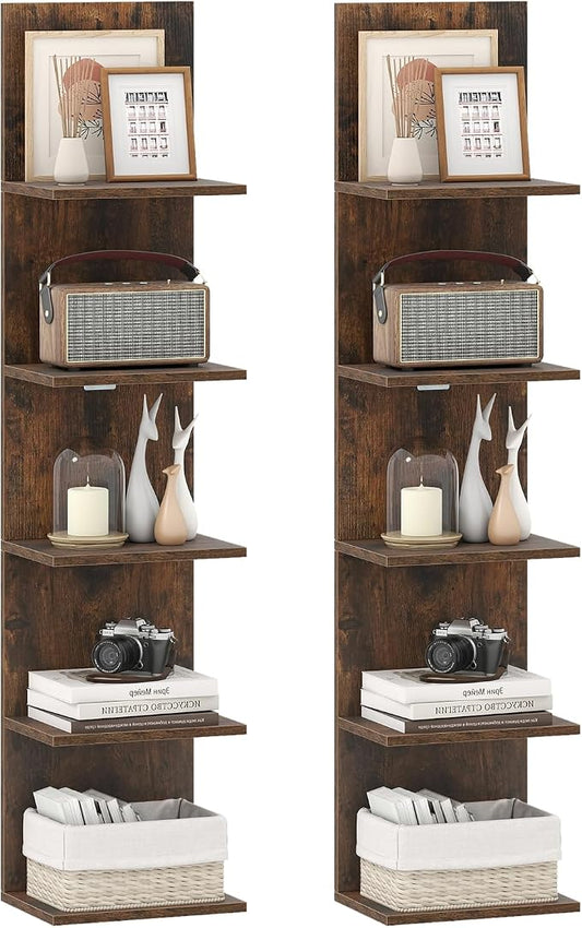 Giantex 5 Tier Wall Shelf Unit Set of 2, Narrow Vertical Floating Shelves for Home Decoration and Storage Organizer, Lack Wall Shelf, Wall Mounted Display Shelves for Bedroom, Living Room,Rustic Brown