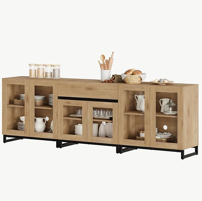 WAMPAT 3 in 1 Modern Sideboard with Adjustable Shelves and Drawer,Storage Cabinet with Glass Doors, Coffee Bar Cabinet for Living Room, Kitchen, Oak