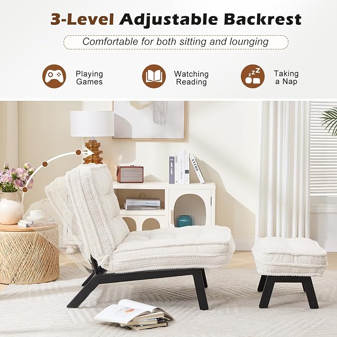ANJ Accent Chair with Ottoman Adjustable Backrest, Beige Living Room Chair Tufted Upholstered Lounge Chair with Footrest Set, Modern Chair Cozy Reclining Chair for Reading Room Bedroom