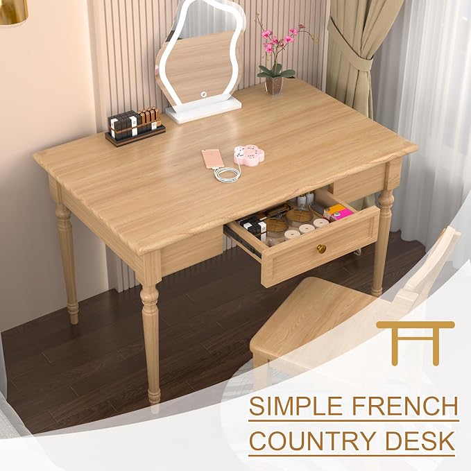 Solid Wood French Country Desk,Writing Desk with Storage Drawers,Farmhouse Computer Table Makeup Table Modern Simple Style,for Home Office Living Room Study Workspace Bedroom (Wood, 31.5IN)