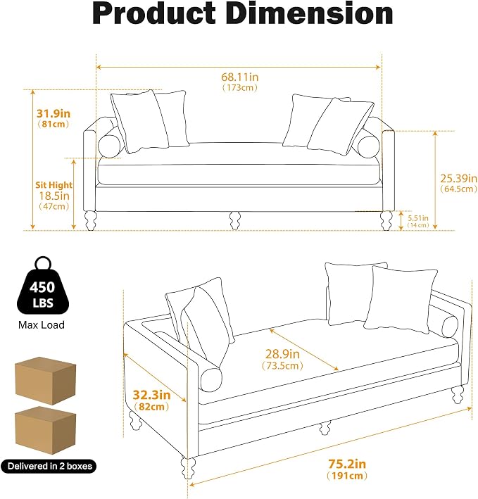 Chifee & Vingol 75.2" W Retro Oversized Chaise Lounge Chair Indoor with Left & Right Armrest,6 Pillows,Solid Wood Legs,Gray