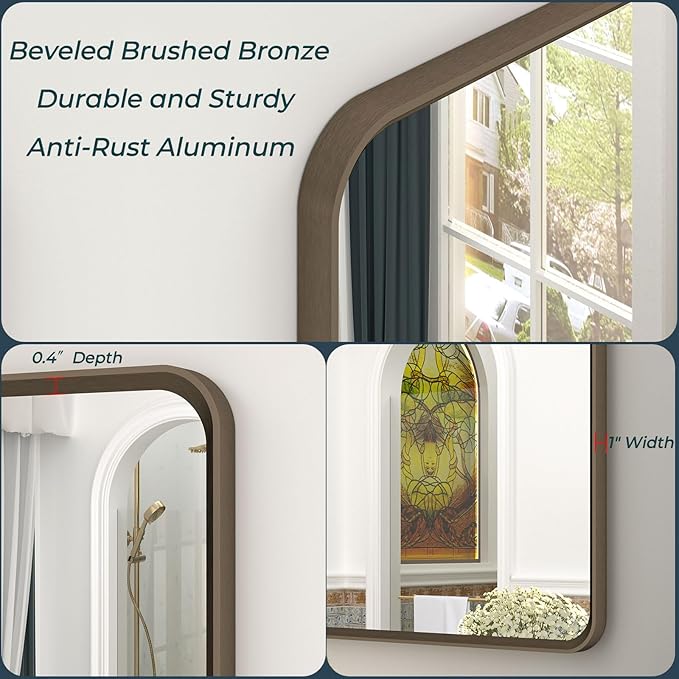 OKPAL 40x36 Bronze Bathroom Mirror, Brushed Metal Bathroom Vanity Mirrors for Wall, Rounded Bronze Rectangle Mirror for Farmhouse, Shatterproof, Anti-Rust (Horizontal/Vertical)