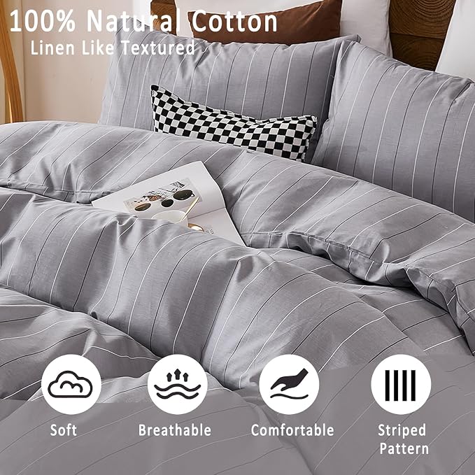 Merryword 100% Cotton Stripe Duvet Cover Set King Size - Gray Striped Duvet Cover Set with Zipper Closure & 8 Corner Ties, Modern Minimalist Wide Stripe Bedding Set for Cozy Elegant Bedroom
