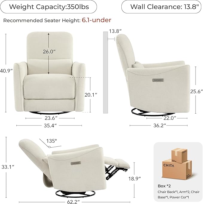 CHITA Oversized Power Recliner Chair Swivel Glider for Big and Tall, FSC Certified Living Room Nursery Rocking Chair with Lumbar Support, Linen