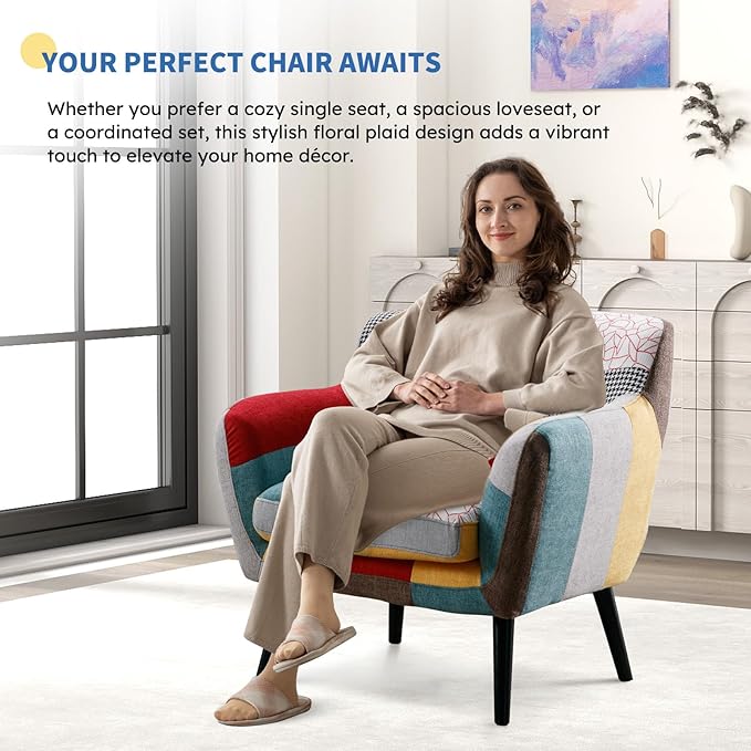 Bonzy Home Modern Accent Chair Set of 2 for Living Room, Colorful Boho Linen Fabric Upholstered Armchair with Wood Legs, 2 Single Chairs