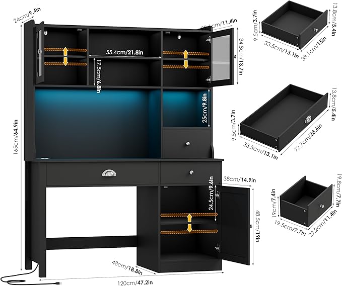 FACBOTALL Computer Desk with Hutch and RGB Lights, 65" Office Desk with Power Outlet, Makeup Vanity with 3 Doors & 3 Drawers, Executive Desks for Home, Work and Study, Black (Black)
