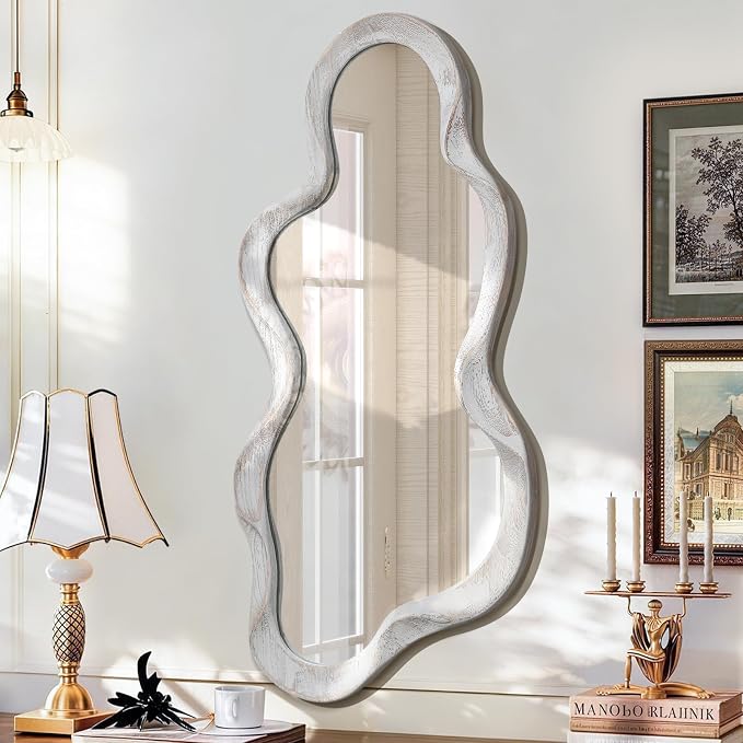 Asymmetrical Mirror Large Irregular Wall Mirror Modern Wood Frame Unique Artistic Mirrors Cute and Stylish Cloud Wavy Mirror Decorative for Cloakroom Bedroom Living Room Bathroom Entryway White