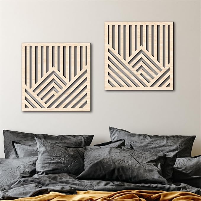 Geometric Mountain Wood Wall Art Decor, 2 Pcs Modern Mountain Wall Sculptures Wooden Square Hanging Abstract Panels, 3D Square Hollow Wood Art Wall Decor for Home Office Living Room Bedroom (Beige)