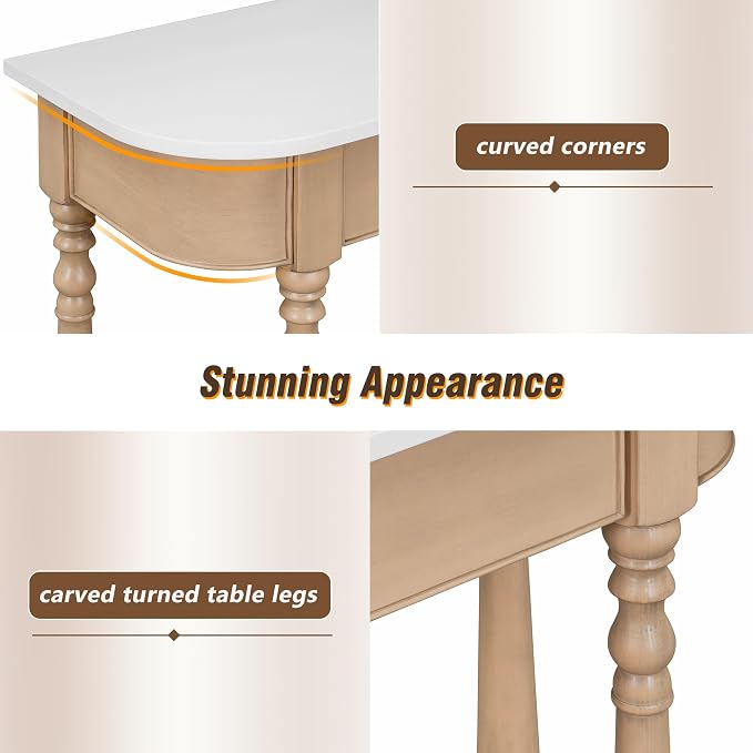 SOFTSEA Small Curved Console Table with Storage Drawer and Open Shelf, Farmhouse Wood Entryway Table with Drawer for Living Room, Save Space, White+Beige