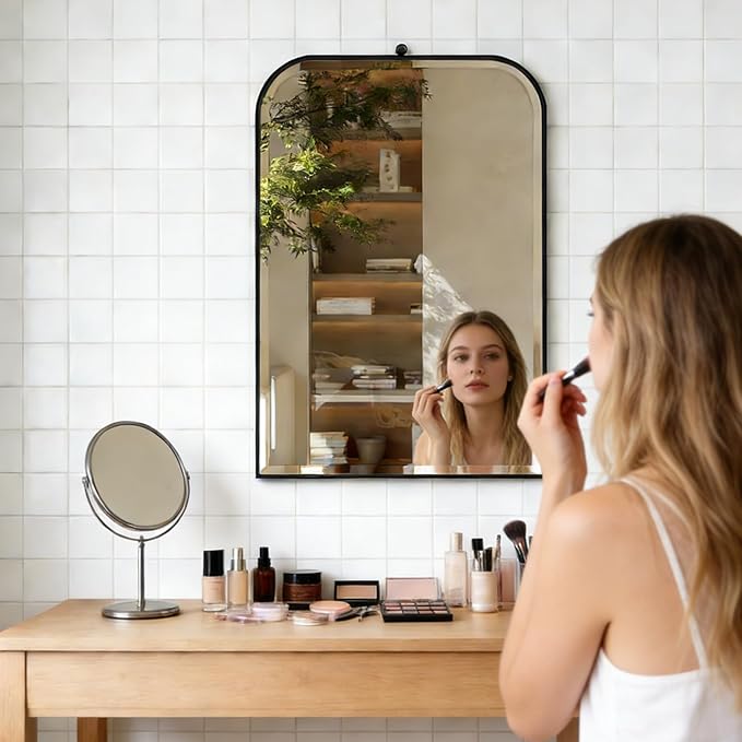 POZINO Beveled Oblong Mirror, 20"x30" Rectangle Rounded Mirror for Over Sink, Modern Black Bathroom Mirrors with Stainless Steel Frame, Vanity Wall Mirrors for Bedroom Living Room Entryway Fireplace