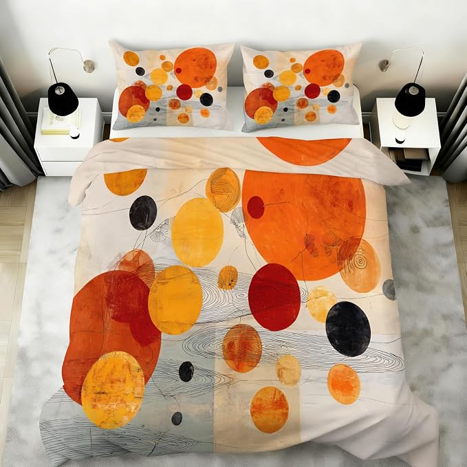 Vintage Mid Century Duvet Cover Queen Size, Orange Red Yellow Geometric Bedding Set 3 Piece, Watercolor Abstract Geometric Patterned Comforter Cover with Zipper Soft Microfiber, 2 Pillowcases