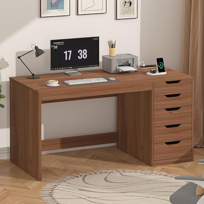 YOMILUVE 47 Inch Computer Desk with 5 Drawers and Power Outlets, Home Office Desks with Storage File Cabinet, Modern Simple Laptop Desk Writing Table for Small Spaces, Brown