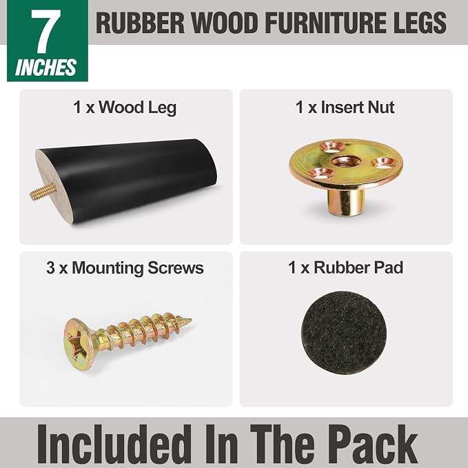 FoDau770 Black Rubber Wood Furniture Legs 7 Inches, 5/16" UNC Slant Tapered Wood Feet Mid Century Sofa Legs, Wooden Furniture Feet Replacement Parts for Cabinet Couch Dresser Chair Ottoman Table