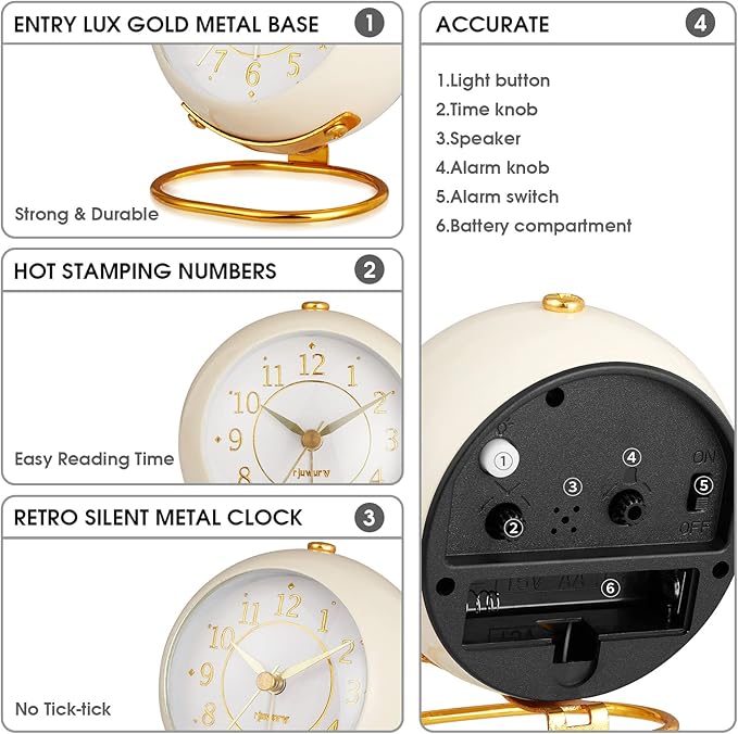 rjuwurv Metal Desk Clock, Retro Bedroom Table Vintage Analog Alarm Clock, Silent Non-Ticking Gold Clock, Bedside Décor(Milk White)