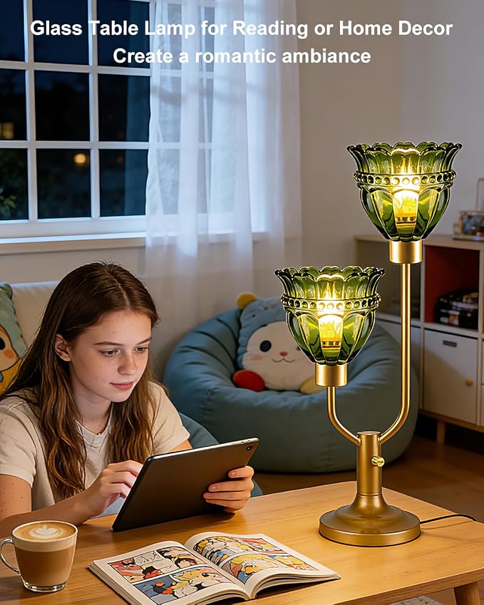 Lightdot Vintage Green Glass Table Lamp for Bedroom Dimmable Mid Century Modern Gold Desk Lamp Nightstand Lamp 2 Bulbs Included Warmwhite Ambient Bedside Lamps for Living Room Home Office Decor Gift