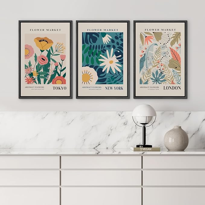 wall26 Framed Canvas Print Wall Art Set Colorful Flower Market Exhibition Prints Nature Wilderness Illustrations Modern Art Decorative Floral Botanical Minimal Calm for Bedroom - 24"x36"x3 Black