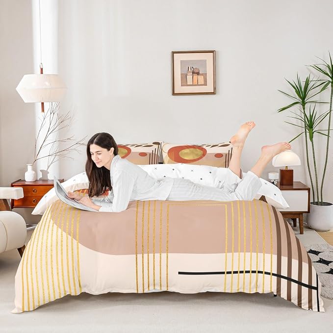 Erosebridal Beige Brown Abstract Boho Twin Comforter Cover Minimalist Aesthetic Neutral Duvet Cover Mid Century Modern Bed Set Botanical Leaves Geometric Bedding Set