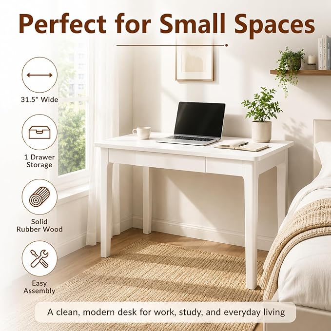 Mid Century Modern Desk with Drawers,31.5 inch Solid Wood White Writing Desk for Home Office Bedroom,Small Computer Desk for Spaces Easy Assembly