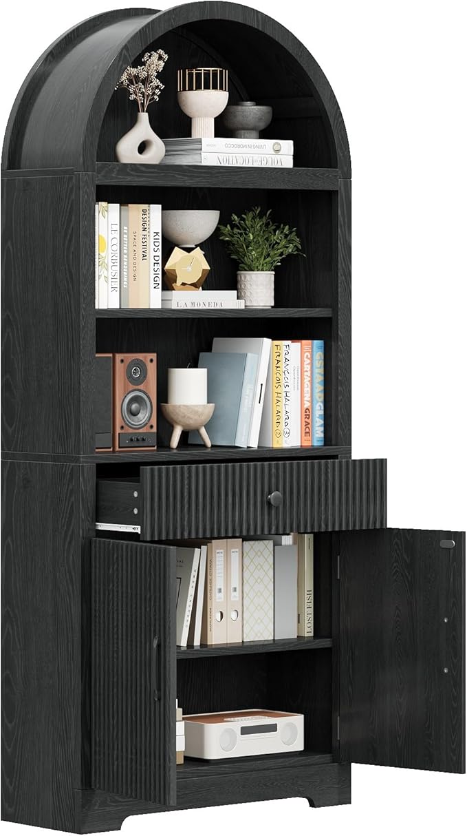 Farmhouse Arched Bookshelf, Mid-Century Modern 5-Tier Curved Cabinet with Door, Wooden Bathroom Storage Cabinet, Kitchen Pantry Cabinet for Living Room, Kitchen，Home Office, Black X2