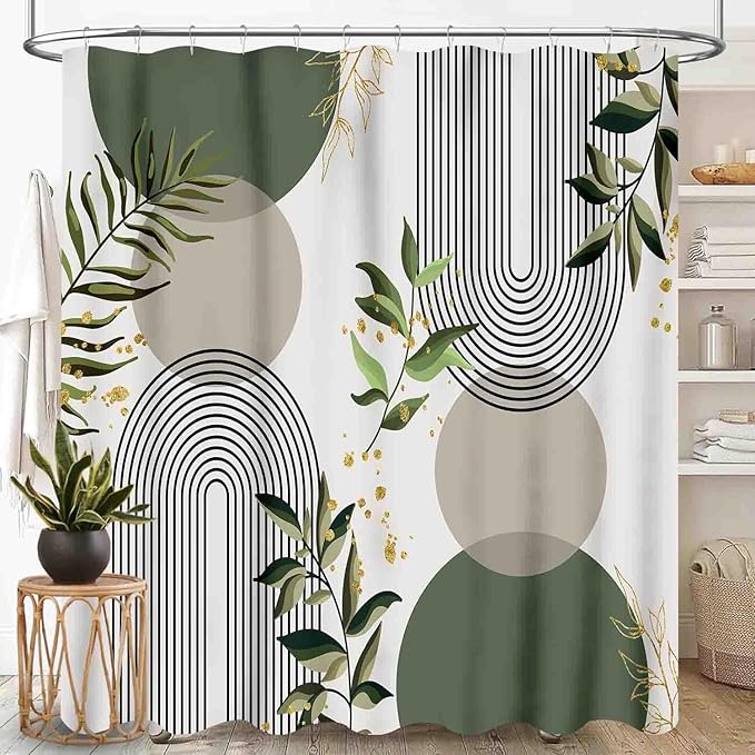 Mid Century Modern Shower Curtain, Boho Aesthetic Green Tropical Palm Leaves Abstract Minimalist Geometic Arch Waterproof Fabric Bathroom Shower Curtain Set with Hooks, 72"x84" Inch