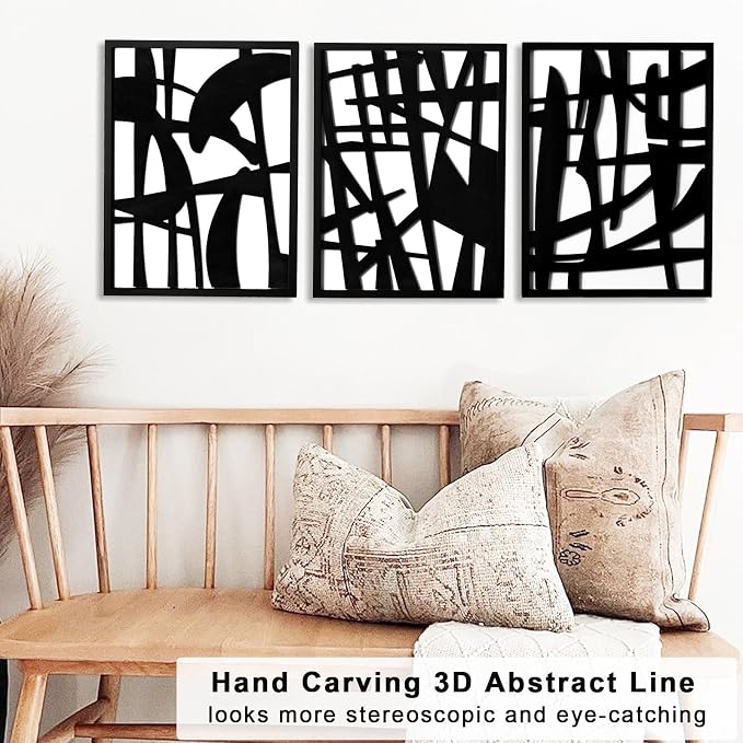 3D Wood Abstract Wall Art, Framed Black and White Wall Art, Modern Minimalist Black Wall Decor for Living Room Bedroom Bathroom Dining Room (Ready to Hang, 12x16 inches, Set of 3, Framed)