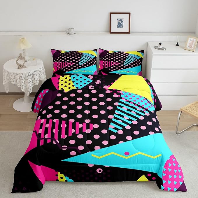Manfei Memphis Comforter Set King Size, Retro 80s or 90s Fashion Style Quilt Set with 2 Pillowcases, Geometric Triangle Circle Bedding Set 3pcs for Kids Boy Girls Lightweight Duvet Insert
