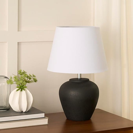 Nourison Home 20" Black Matte Ceramic Table Lamp with Fabric Shade, Bedside Nightstand Lamp for Bedroom, Living Room, Entryway
