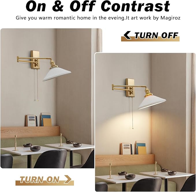 Vintage Milk Glass Wall Sconce Modern Rushed Brass Swing Arm Wall Light Mid Century Gold Wall Sconce with Pull Chain Wall Mounted Light Fixture White Ceramic Wall Lamp for Bedroom MWL14A-1