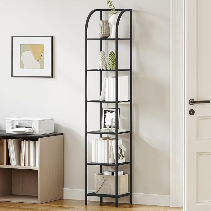 Hzuaneri Bookshelf Narrow Bookcase, Tall Storage Rack with Steel Frame, Display Standing Shelf Unit, Skinny Book Shelf for Study Living Room Home Office, Industrial Style, 6-Tier Black BC56004B