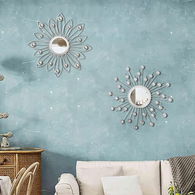 2 Pack Metal Mirrors for Wall Boho Sunburst Wall Mirror Home Decor Modern Decorative Wall Art for Bedroom Living Room Entryway