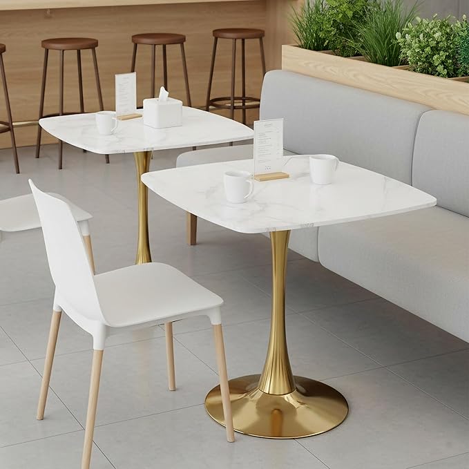Square Dining Table,31.5" Tulip Table with Metal Pedestal,15-Minute Quick Assembly,Mid Century Modern Leisure Table for Kitchen Small Places Cafe (Faux Marble White Gold)
