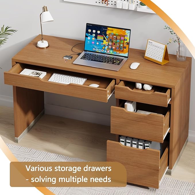 MaverickFurni 52 Inch Desk with 4 Drawers, Small Computer Desk for Small Space, Home Office Desk with Storage File Drawer for Bedroom, Brown