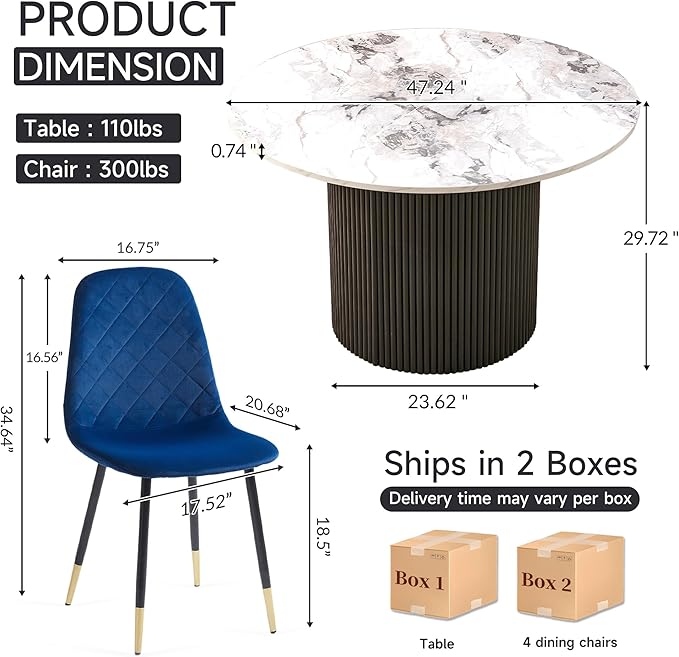 White Round Dining Table Set for 4, Modern Mid Century Wooden Kitchen & Dining Room Table Set, 5 Piece Space Saving (47In Faux Marble Table + 4 Blue Velvet Chairs)