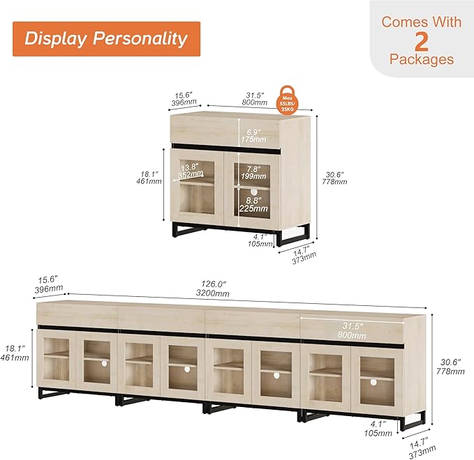 WAMPAT 4 in 1 Sideboard Buffet Cabinets with 8 Glass Doors, Modern Sideboard Credenza, Coffee Bar Storage Cabinet for Living Room, Kitchen, Light Oak
