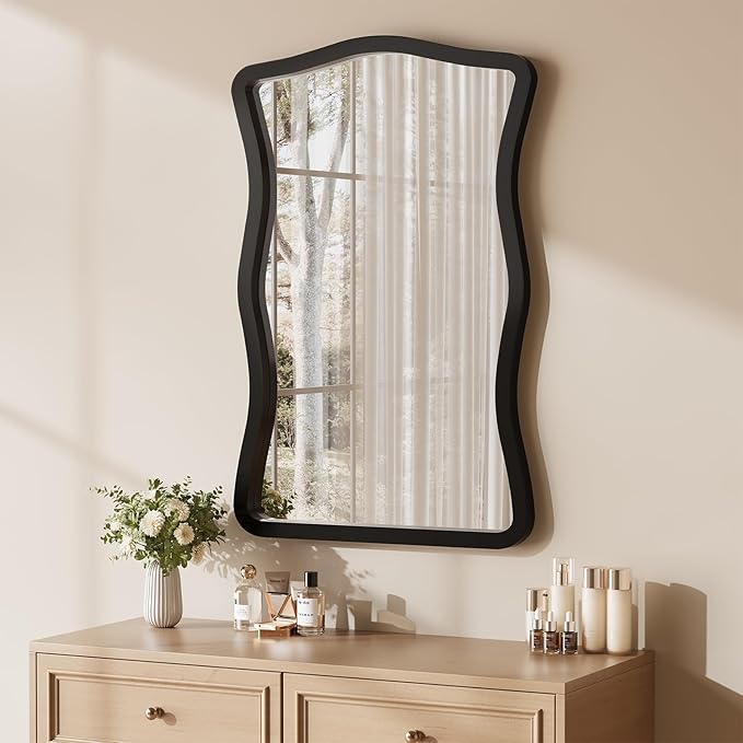 ULIKE Wavy Wall Mirror for Bathroom, 24x36 Wood Frame Mirror for Over Sink, Rustic Wall Mirrors Decorative and Vanity Mirrors for Bedroom Living Room Entryway, Black