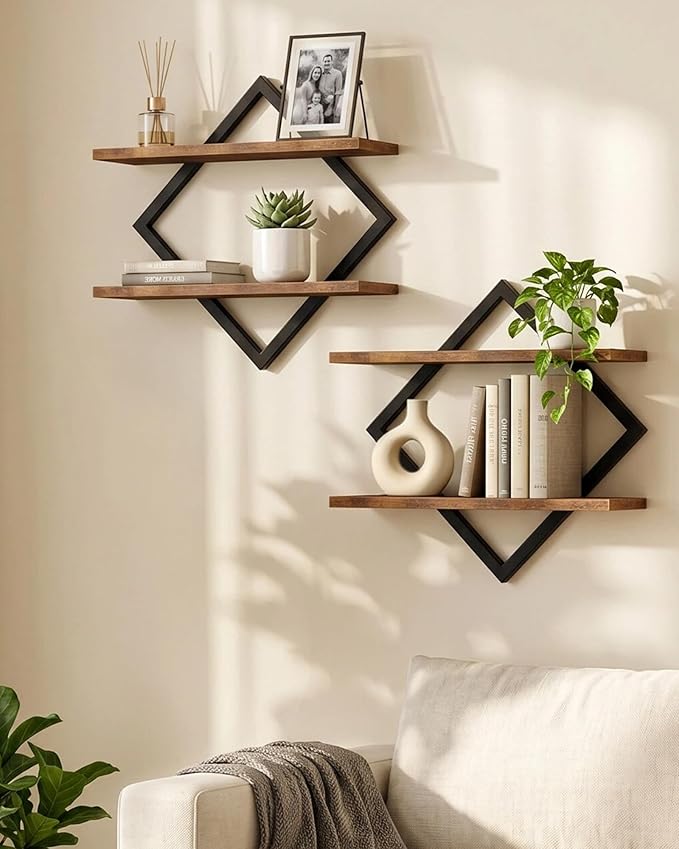CHOEZON Floating Shelves, Set of 2 Wall Shelves, 2-Tier Hanging Shelves, Wall Shelf Set of 2, Wall Mounted Shelves, for Living Room, Bedroom, Kitchen, Office, Study, Rustic Brown TBJ01P2BF