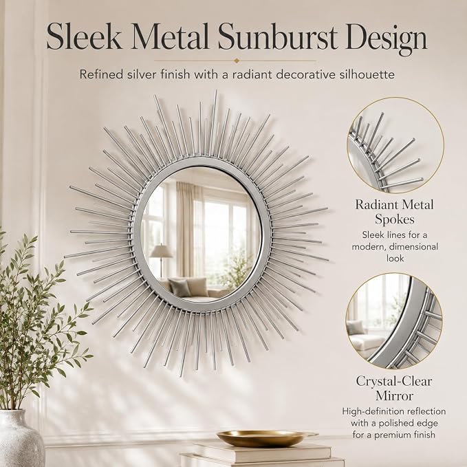 Silver Sunburst Mirror Set of 3, 3PCS Metal Round Decorative Wall Mirrors, Starburst Accent Mirror Wall Decor for Bathroom, Living Room, Bedroom & Entryway