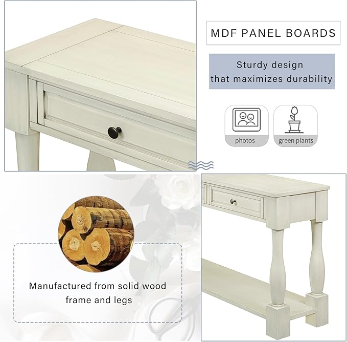 Merax LUMISOL 64 inch Long Console Sofa Table with 3 Drawers and Bottom Shelf, Hallway Table Entryway Table for Living Room, Easy Assembly (Antique White).