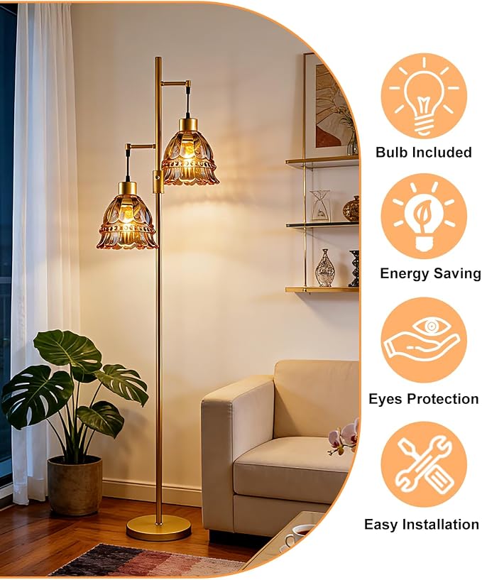 2-Light Modern Glass Floor Lamp, Gold Tall Standing Lamp with Amber Lace Glass Shade for Reading, Dimmable LED Floor Lamp with 5Lbs Heavy Base for Living Room Bedroom Home Decor, Bulb Included